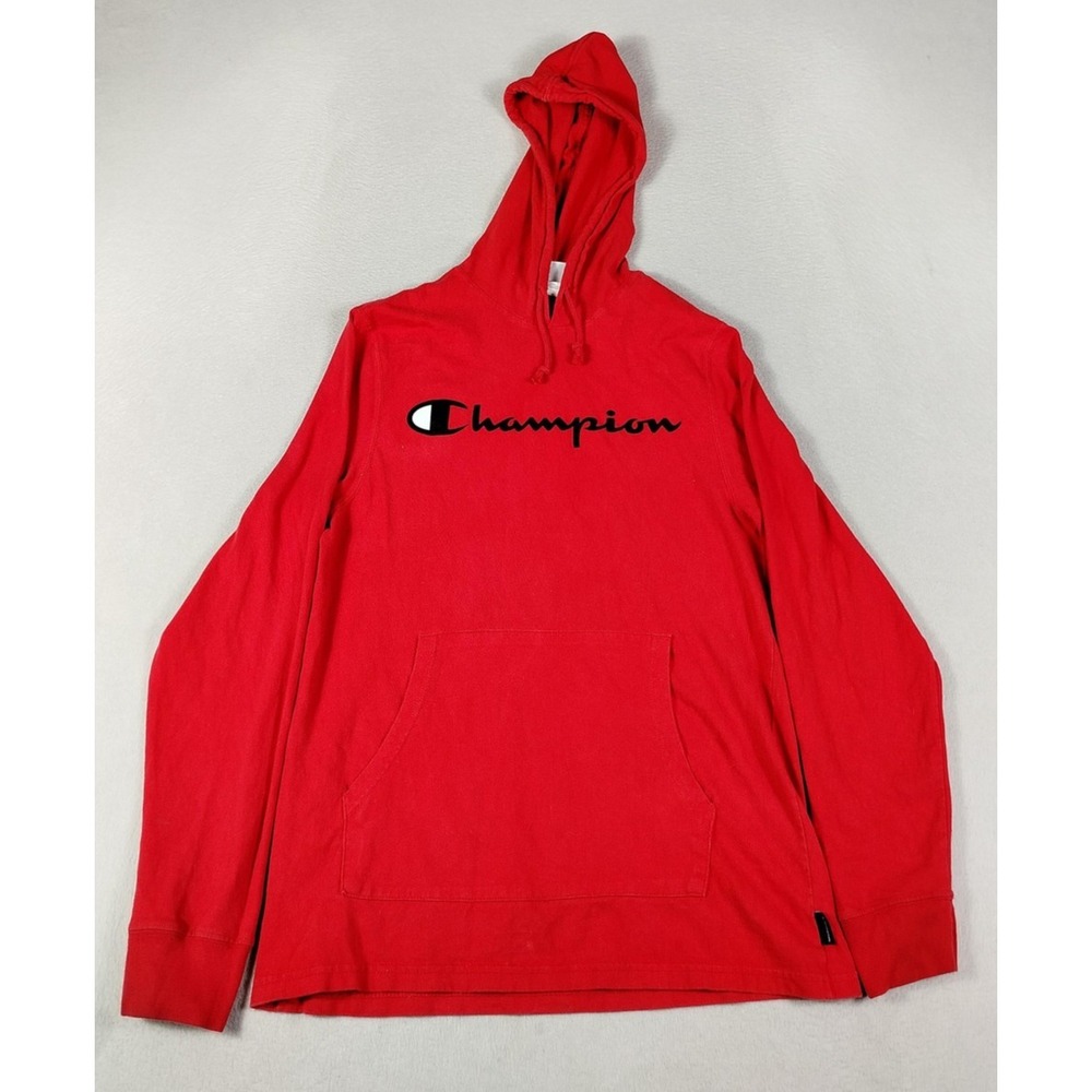 Champion Hoodie Mens Medium Red Pullover Lightweight‎ Script Logo Sweatshirt